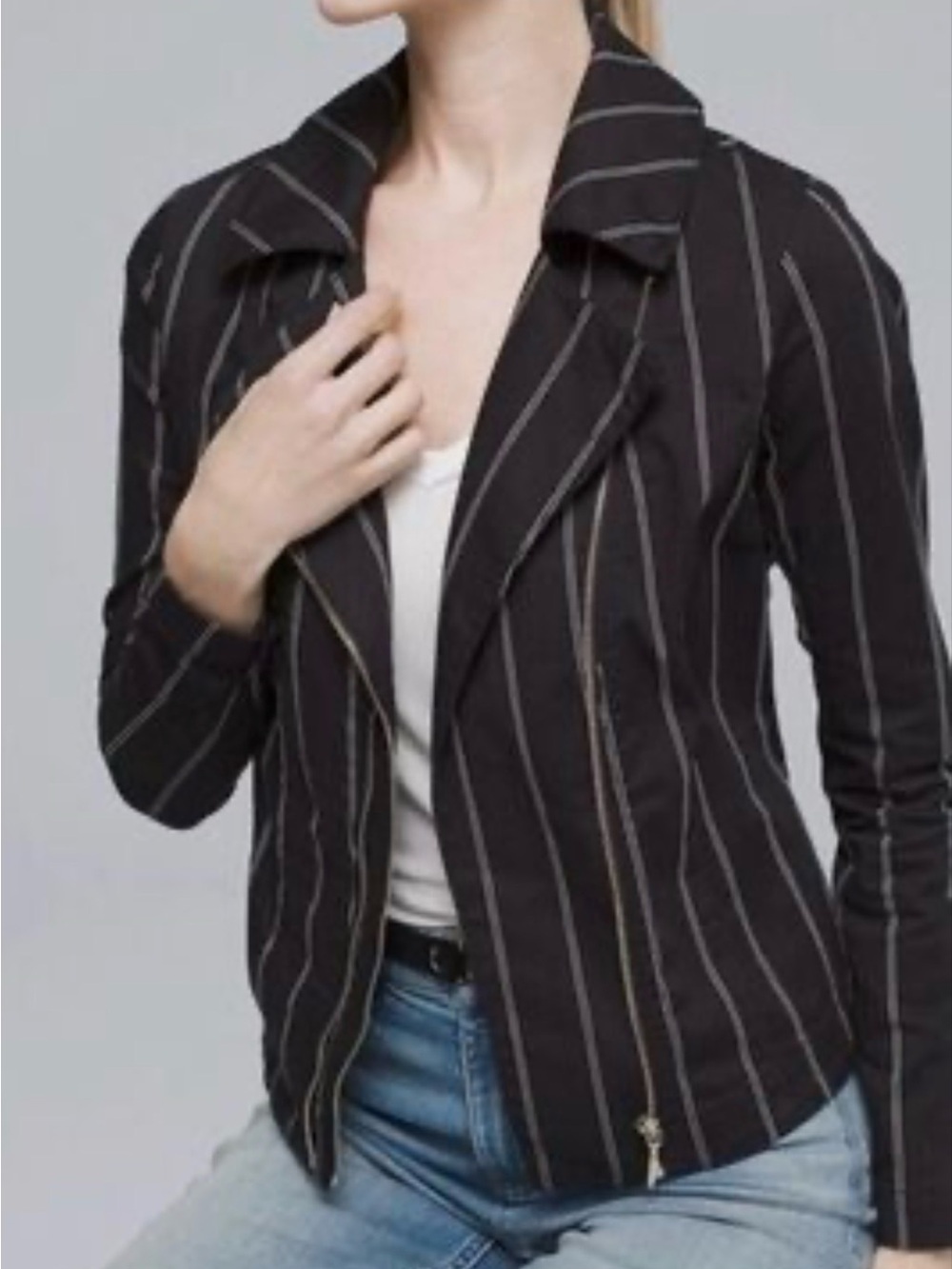 White House Black Market Washed Pinstripe
Moto Jacket Size 6